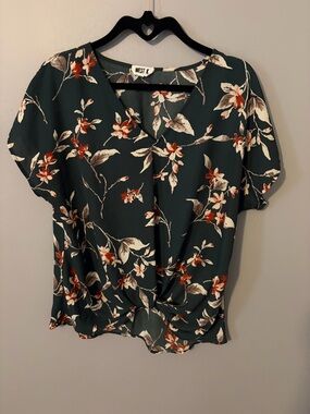 West K Floral Twist-Front Women's Top in Dark Green